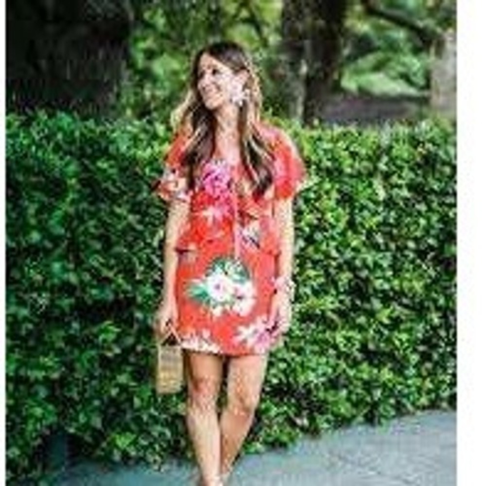 Skies‎ Are Blue Red Tropical Floral Peplum Mini Dress Cut Out Tie Front Medium